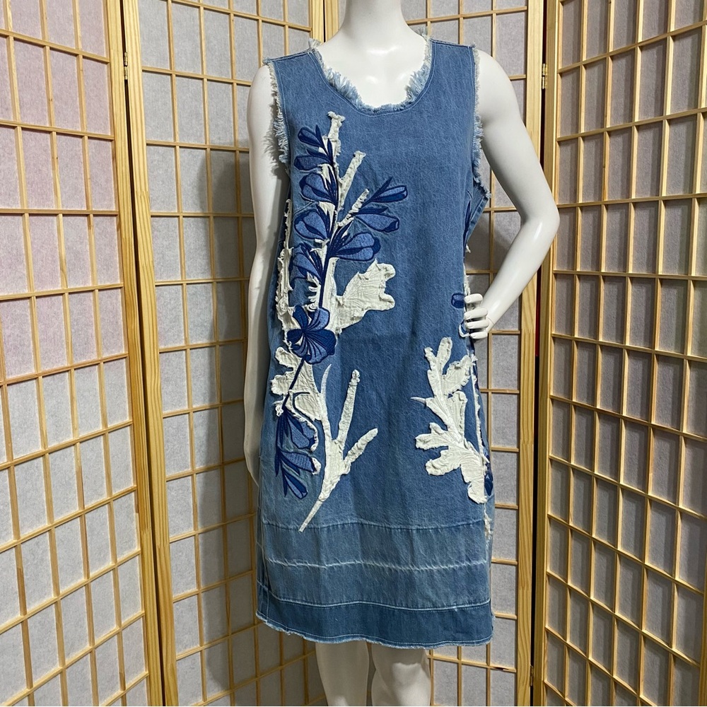 Anthropologie Dor Dor Couture Denim Dress Floral Applique Fray Sleeveless XLarge - Picture 6 of 16